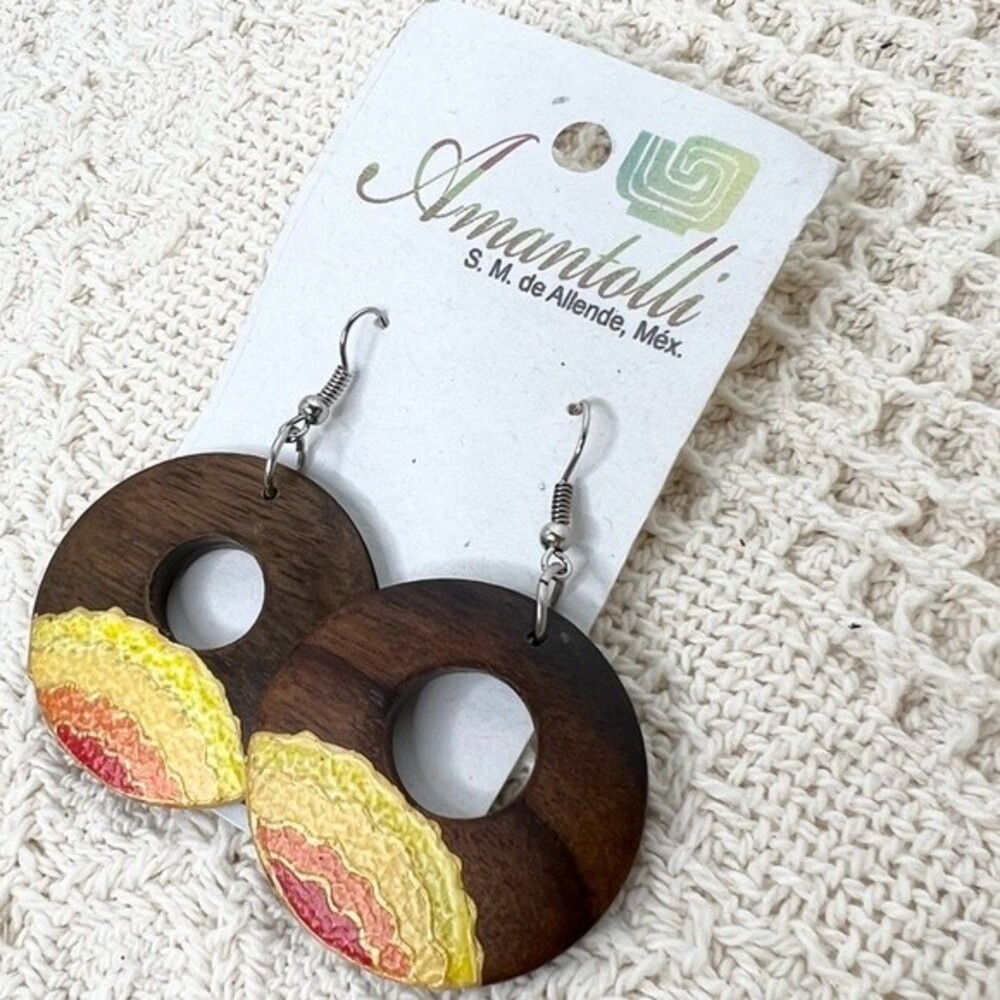 Amantolli Hand Painted Earrings Mexico Artisan Wooden Hoop Drop Citrus Sunrise